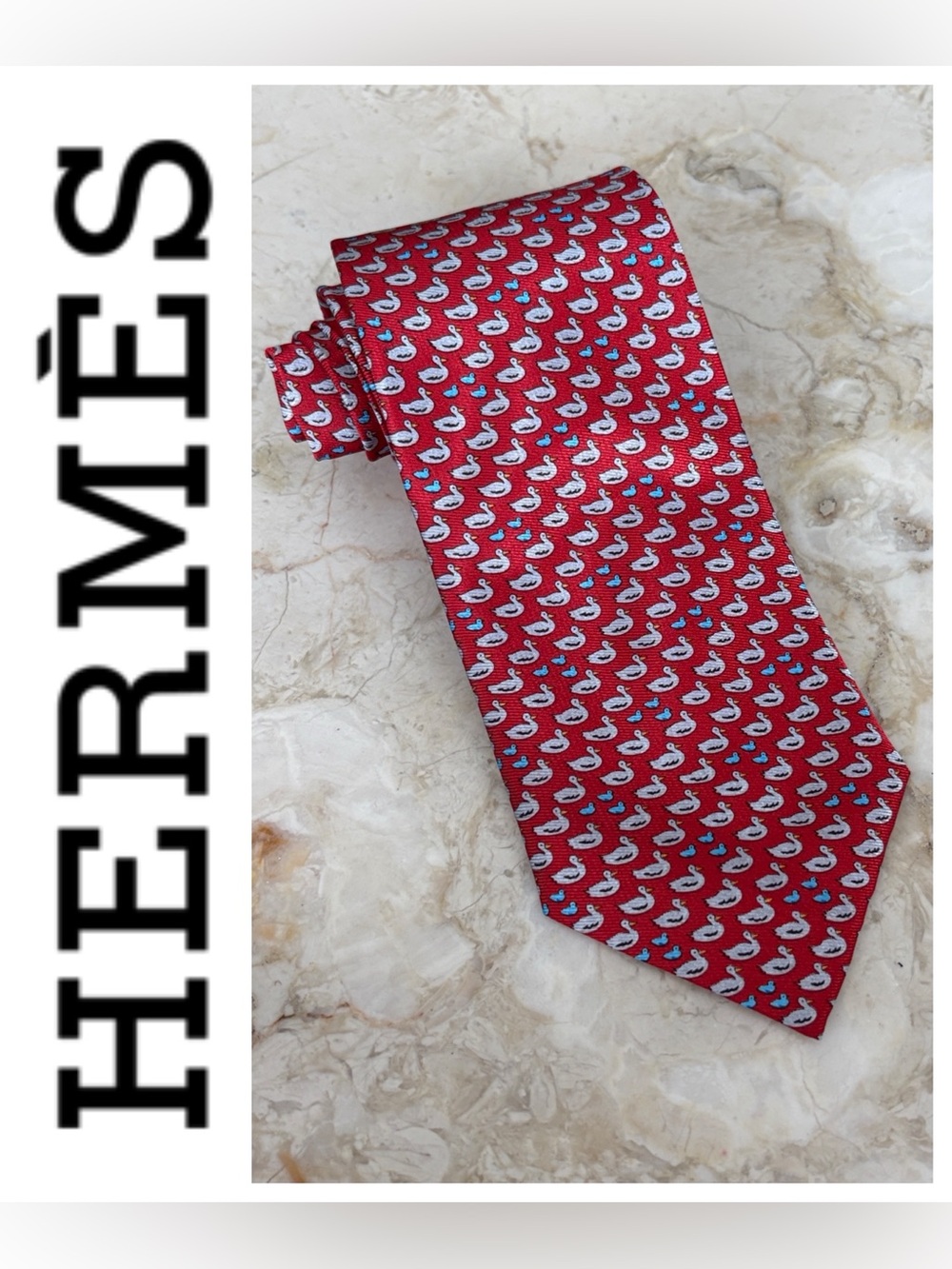 Hermès Paris Red Duck & Duckling Print Silk Necktie 100% Silk Made in France